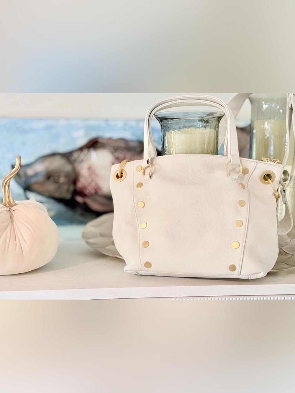 HAMMITT White Leather Satchel Crossbody | Gold Hardware | Red Suede Interior